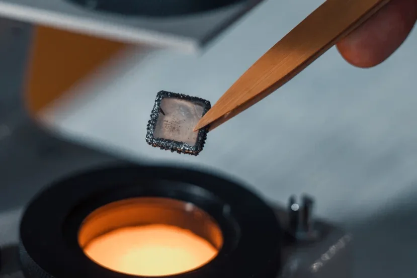 An as-grown HPHT single crystal held in tweezers over a microscope stage